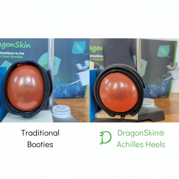 Traditional booties versus DragonSkin Booties with a simulated stingray strike